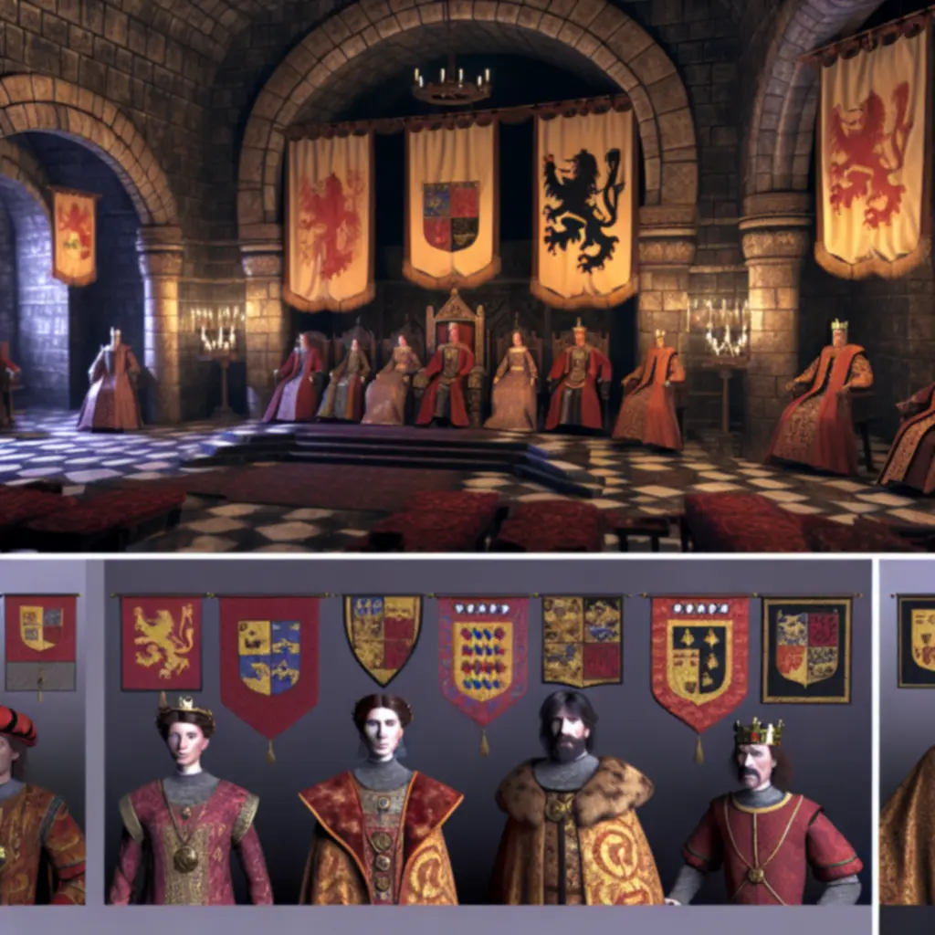 Stylizowana scena dworska z portretami postaci i herbami