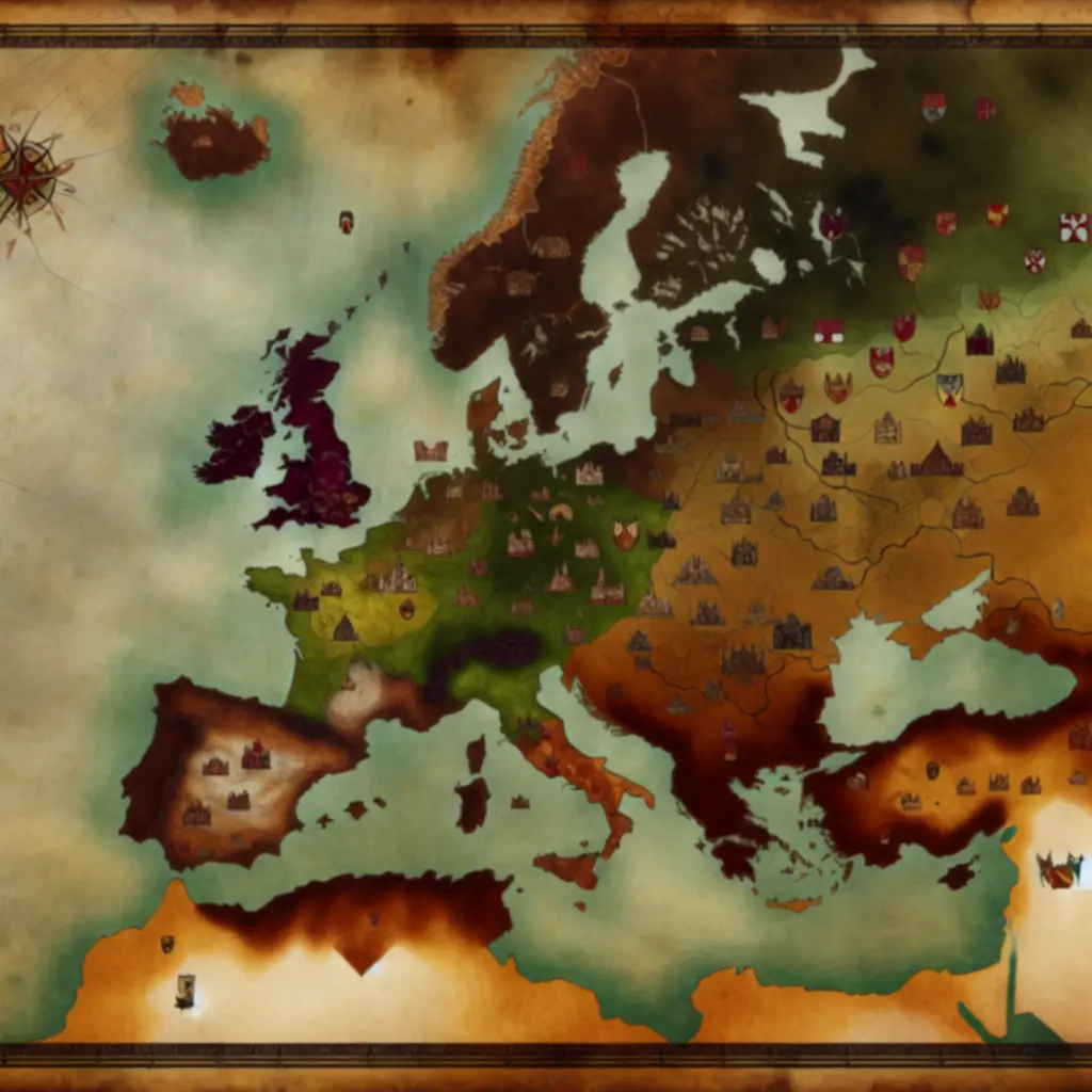 Mapa średniowiecznej Europy z zaznaczonymi ośrodkami władzy