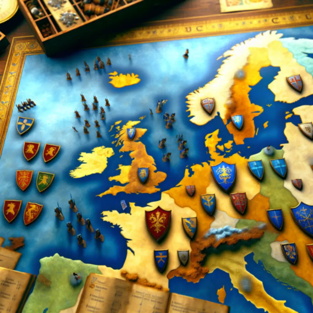 Dynamiczne ujęcie z rozgrywki Crusader Kings z mapą i herbami rodów