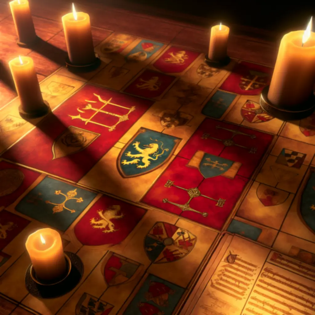 Plansza strategiczna i herby rodowe symbolizujące analizy Crusader Kings