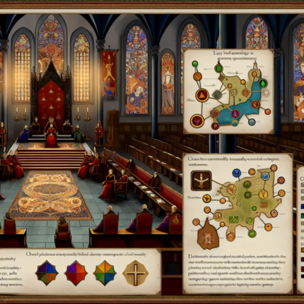 Przegląd kluczowych mechanik Crusader Kings przedstawiony w formie infografiki