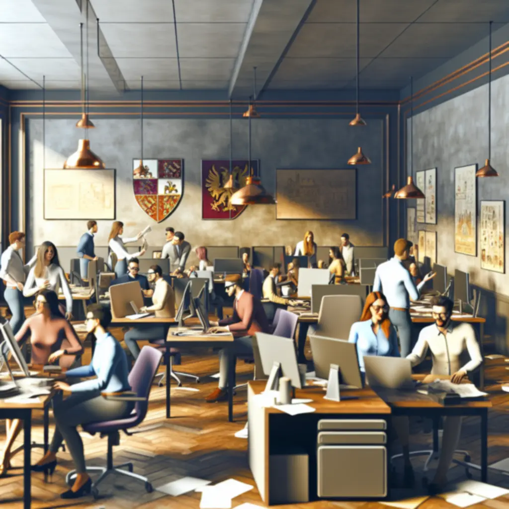 Zespół redakcyjny PLCrusaderkings przy biurkach z monitorami i notatkami